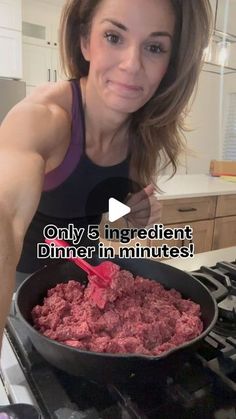 a woman cooking food in a pan on top of an oven with the words, only 5 ingredients dinner in minutes