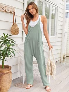 V-Neck Spaghetti Strap Jumpsuit - Sydney So Sweet Non-stretch Cotton Jumpsuits And Rompers For The Beach, Solid Color Summer Jumpsuits And Rompers With Pockets, Sleeveless Cotton Overalls In Solid Color, Sleeveless Cotton Jumpsuits And Rompers In Solid Color, Cotton Jumpsuits And Rompers With Spaghetti Straps And Pockets, Sleeveless Relaxed Fit Solid Color Jumpsuits And Rompers, Solid Color Jumpsuits With Pockets For Loungewear, Solid Color Jumpsuits And Rompers With Pockets For Loungewear, Comfortable Leisure Overalls And Rompers