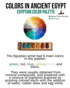 an egyptian color palette with the words colors in ancient egypt and egyptian text below it