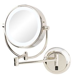 a bathroom mirror that is next to a wall mounted magnifying glass holder on a white background