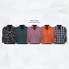 four different colored shirts are lined up in the same row on a white and black background