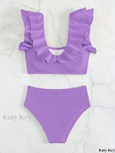 Katykey - Premium Plain Texture Fabric Bikini Set with Ruffled High Waist Bottoms - Stretchy Swimwear and Clothing for Women Purple Ruffled Swimwear For Swimming, Purple Ruffled Swimwear For Vacation, Purple Ruffled Swimwear For Beach Season, Purple Ruffled Swimwear For Beach, Purple Ruffled Beachwear Swimwear, Texture Fabric, High Waist Bottoms, Cleaning Materials, Clothing For Women