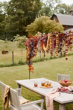 an outdoor table and chairs with food hanging from the ceiling in front of a barn