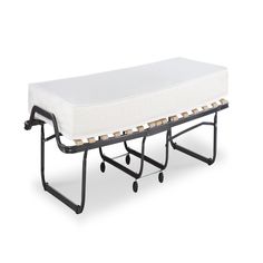 an adjustable bed frame with wheels on the bottom and mattress attached to the back end