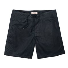 Our Eagle Harbor Trunks are made from sturdy and washable dry-waxed cotton. These shorts are built to withstand hard use and resist water absorption. The waist secures with a dual-grommet drawstring closure for a reliable, wide, and supportive closure. The fly is gusseted like vintage boxing shorts. The rear flapped pocket and front accessory pocket feature mesh bags for instant drainage. For boulder hopping, wade-fishing, or flying down a muddy two-track, these are dependable, rugged shorts built to take abuse. | Filson Eagle Harbor Trunks Dark Navy Size 36 Sporty Cotton Swim Trunks With Drawstring, Cotton Drawstring Swim Trunks, Black Cotton Swim Trunks With Pockets, Casual Cotton Swim Trunks With Side Pockets, Cotton Surfing Shorts, Casual Cotton Swim Trunks For Outdoor, Casual Black Cotton Swim Trunks, Casual Waterproof Short Bottoms, Casual Black Swim Trunks