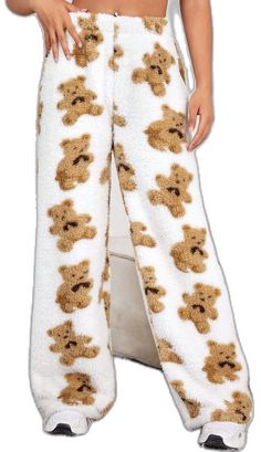 Casual White Pants For Pajama Party, Casual Beige Bottoms For Pajama Party, Casual Winter Bottoms For Pajama Party, Casual Pants For Fall Pajama Party, White Stretch Pants For Pajama Party, Casual Bottoms For Pajama Party In Fall, Women Pants, Bear Print, All Fashion