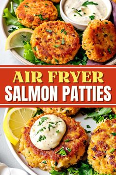 air fryer salmon patties on a plate with lemon wedges