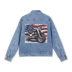 Ride into Freedom with this Patriotic Denim Jacket! This denim jacket features a printed motorcycle in front of the American flag on the back, giving off a rugged and patriotic vibe. Perfect for motorcycle enthusiasts and fans of Americana, this jacket is ideal for casual wear and can be worn to motorcycle events, Fourth of July celebrations, patriotic holidays or everyday to show your patriotism. Show your love for motorcycles and America. Grab yours today! Product features - Metal button closure for a stylish look - Large slanted front pockets for functionality - Lapel collar adds a trendy accent - Button-flap chest pockets for extra storage - Relaxed fit for comfort Care instructions - Machine wash: cold (max 30C or 90F), gentle cycle - Do not bleach - Dry flat - Iron, steam or dry: low Biker Denim Jacket, Denim Long Sleeve Biker Jacket For Streetwear, Denim Biker Jacket With Pockets, Harley Davidson Jean Jacket, Denim Motorcycle Jacket, Biker Denim, Biker Gifts, Patriotic Outfit, Denim Outerwear