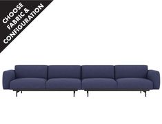 a blue couch with black legs and the words choose fabric & configuration on it's side