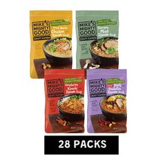 four bags of rice with chicken and vegetables on the front, three are in different colors