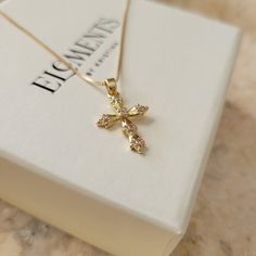 Gold Filled Cross Necklace. Non Tarnish Gift For Her – elementsbykristina Gold Cross Aesthetic, Cross Necklace Aesthetic, Saphire Jewelry, Tiny Cross Necklace, Golden Cross, Necklace Aesthetic, Rhinestone Cross, Gold Cross Necklace