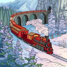 a painting of a train traveling through the snow