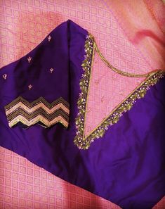 Boat Neck Blouse Designs For Silk Sarees, Purple Blouse Pink Saree, V Neck Maggam Work Blouses, Benaras Georgette Blouse Designs Latest, Purple Blouse Work Designs, Purple Blouse Designs, Blouse Works, Patch Work Blouse Designs, Latest Bridal Blouse Designs