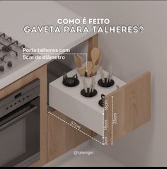 the kitchen counter has utensils on it and is labeled with words that read como e eto gaveta para talheres?