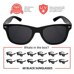 60 BLACK SUNGLASSES IN BULK PACK EACH ONE INDIVIDUALLY POLY BAGGED Plastic frame Plastic lens Non-Polarized UV Protection Coating Wedding Sunglasses GREAT QUALITY FOR THE PRICE-STURDY- Buy with 100% confidence as we use only the best quality lenses and frames. These sunglasses easily fit adults and kids and you can use them every day. You will be pleasantly surprised at how nice these are for the price. IF YOU DON'T LIKE THEM SEND THEM BACK FOR A FULL REFUND-NO QUESTIONS ASKED. RISK-FREE PURCHASE! PERFECT-EXACTLY WHAT YOUR LOOKING FOR-BULK PACK-You get 60 Black Sunglasses In Each Order-Great for party favors, graduation, kid's parties, wedding party, bachelorette-bachelor party, groomsmen, and more. SIZE OF SUNGLASSES-Each Pair Measures 5.5 Inches Wide and can fit Children and Adults-One S Groomsmen Sunglasses, Wedding Sunglasses, Bachelorette Bachelor Party, Bachelorette Favors, Poly Bags, Black Sunglasses, Bachelor Party, Plastic Bag, Bachelorette Party