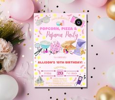 a pink birthday party with balloons and confetti