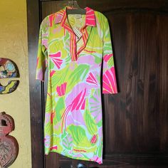 Fabulous Colored Dress For That Beach Vacation Or Pool Party! Collar With Button Placket. Hem Measures 33.5 Inches From Shoulder To Bottom. Spring Pink Split Neck Dress, Multicolor Mini Dress With Split Neck For Spring, Spring Multicolor Mini Dress With Split Neck, Multicolor Split Neck Mini Dress For Spring, Fitted Dress With Split Neck For Vacation, Ruffle Neck Dress, Rayon Pants, Bow Detail Dress, York Dress