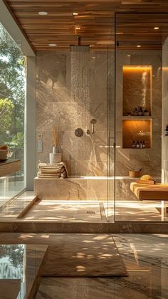 a bathroom with a large glass shower and wooden shelves on the wall next to it