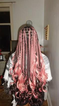 Curled Braids Hairstyles, On The Scalp Braids, Neopolitan Braids With Curls, Box Braids Hair Color Ideas, Purple French Curls Braids, Cute Braids For School, Pink French Curl Braids, Neapolitan Braids, Pink And Blonde Braids