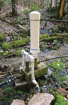 an old fashioned water pump in the middle of a wooded area with moss growing on the ground