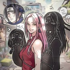 an anime character with pink hair standing in front of two other characters wearing black and red