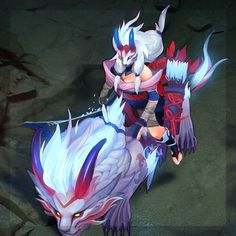 an animated character riding on the back of a white and red animal with long horns