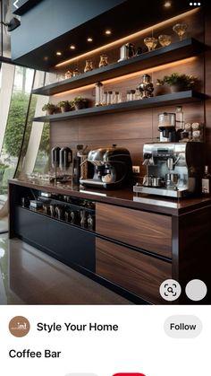 the coffee bar is decorated in shades of brown and white