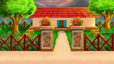 a house with flowers on the windowsills and a gate in front of it