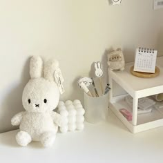 Cutesy Bedroom, White Esthetic, Miffy Icon, White And Beige Bedroom, Miffy Cute, Room Desk Ideas, Korean Interior, Desk Room, Beige Icons:)