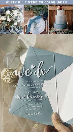 the wedding stationery is shown with blue and white colors