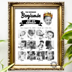 a baby's first birthday photo with the name benjamin on it in gold frame