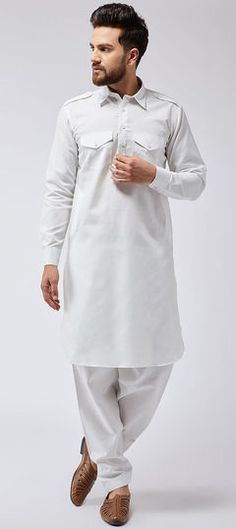 White and Off White color Pathani Suit in Cotton fabric with Thread work Pathani For Men, Pathani Suit, Mens Traditional Wear, Pakistani Kurta, Shirt Collar Styles, Cotton Wedding, Indian Kurta, Ethnic Looks, Kurta Pajama