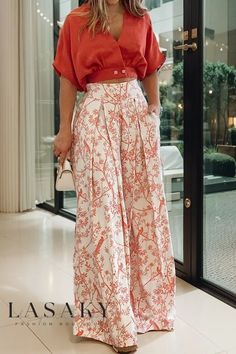 Lasaky - Stylish Womens Chiffon Blouse and Wide-Leg Pants Ensemble - A Perfect Blend of Casual and Chic Mode Prints, Wide Leg Pant Suit, Cropped Wide Leg Pants, Printed Wide Leg Pants, Pantalon Large, Neck Crop Top, Women Set, Tankini Top, Two Pieces