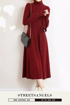 Elegant Long Sleeve Turtleneck Slim Fit A-Line Casual Solid Color Sweater Dress Plain Dress For Fall, Solid Plain Dresses For Fall, Solid Plain Dress For Fall, Solid Fall Dress, Plain Long Sleeve Midi Dress For Fall, Long Sleeve Plain Midi Dress For Fall, Winter Solid Color Knee-length Dress, Winter Knee-length Solid Color Dress, Elegant Plain Dresses For Fall