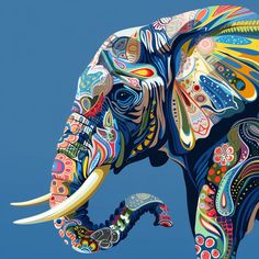 an elephant painted with many colors on it's body and tusks, against a blue sky