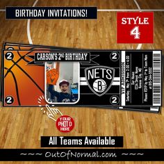 an image of a basketball ticket for the new york nets birthday party with photos and text