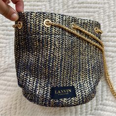 Brand New Lanvin Parfums Navy Gold Metallic Foul Chain Mini Bag Lined Measurements In Photos Luxury Blue Bag With Chain Detail, Luxury Blue Bags With Chain Detail, Luxury Blue Bags With Chain, Luxury Blue Chain Bags, Designer Gold Bucket Bag For Shopping, Luxury Gold Bucket Bag For Shopping, Designer Gold Bucket Bag For Travel, Chic Gold Bucket Bag For Evening, Designer Gold Bucket Bag With Dust Bag