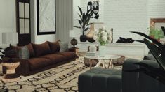 a living room filled with furniture and a fire place next to a white brick wall