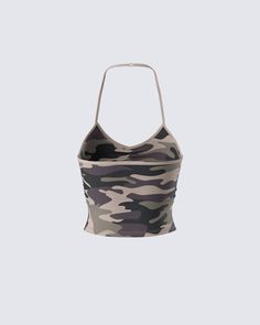 Gear up in style with this camo halter top, your new secret weapon for serving looks 😏 Crafted from jersey fabric and adorned with solid green binding, this piece features ruched detailing at the front for a versatile and simple look 💚 Summer Stretch Camouflage Tops, Fitted Sleeveless Camouflage Top, Fitted Camouflage Sleeveless Top, Camo Outfit, Camo Top, Simple Look, Black Off Shoulder, Solid Green, Graphic Top