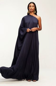 DIARRABLU Navy Solid Satu One-Shoulder Long Sleeve Satin Maxi Dress | Nordstrom Black Tie Optional Dress, Semi Formal Wedding Attire, Black Tie Optional Wedding, Formal Dress Code, Dakar Senegal, Semi Formal Wedding, Beach Bride, Gown Photos, Mob Dresses