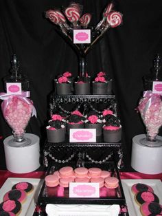 a table topped with lots of cupcakes and candy