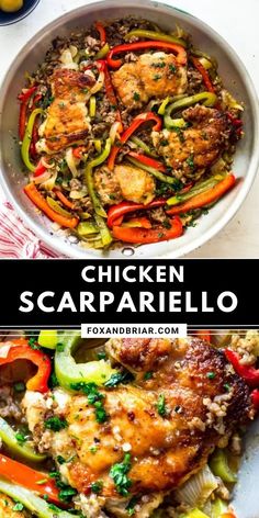 chicken scamperillo with peppers and onions in a white bowl