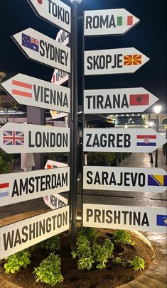 a pole with many different street signs on it