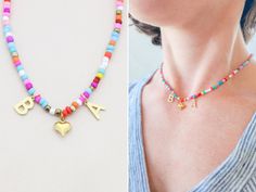 Personalize this seed bead necklace with multiple initials and heart for a romantic gift!  Choose from tons of colorful seed bead necklaces and add initials of your choice or a smiley face charm. See Photos for Options. More Couple Gifts - https://www.etsy.com/shop/DistinctlyIvy?ref=l2-shopheader-name&search_query=couple Handmade in our shop and packaged with care in a DistinctlyIvy gift box (see last photo). SHIPS in 1 Business Day! RETURN POLICY / SATISFACTION GUARANTEE Our #1 Priority at DistinctlyIvy is that you love your new jewelry. We stand by our products 100%. If you have a question, we will answer it. If you have a problem, we will solve it. Refund it. Send you a new necklace. Whatever it takes. Contact us with your order number to discuss.  ORDERING INSTRUCTIONS 1) Choose Bead C Heart-shaped Letter Beads For Gifts, Multicolor Beaded Necklaces With Heart Charm, Multicolor Heart-shaped Beaded Necklace With Letter Beads, Multicolor Beaded Necklace With Heart Charm, Heart-shaped Beaded Necklaces For The Beach, Heishi Beads Necklace With Heart Beads As Gift, Seed Bead Necklaces, Couples Necklace, Handmade Choker Necklace