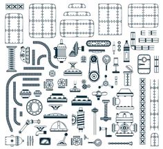 a large set of different types of machines and parts on a white background stock illustration