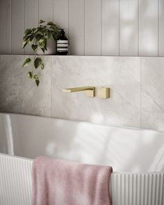 a bathtub with a towel hanging on the wall and a potted plant next to it