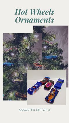 an assortment of hot wheels ornaments on a christmas tree