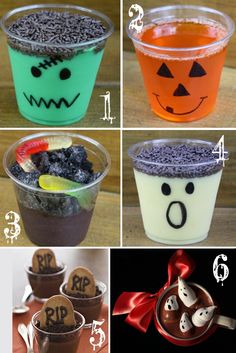 four different halloween desserts in plastic cups