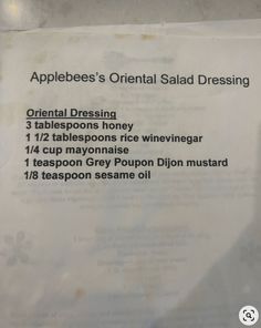 Applebees Orientalist Dressing, Homemade Dressings, Homemade Sauce Recipes, Condiment Recipes, Asian Salad, Copykat Recipes