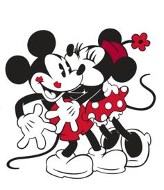 two mickey and minnie mouses hugging each other with one holding the other's hand